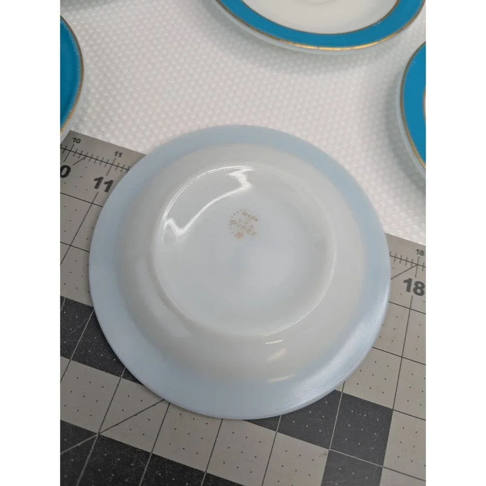 Pyrex Teal Blue Gold Stripe Plate Saucer 6.25 Inch Lot‎ of 5